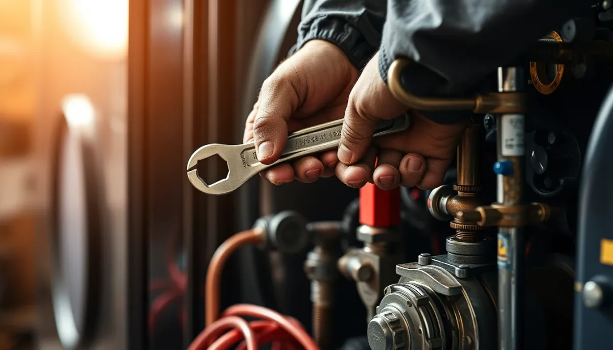 Technicien effectuant une réparation sur une chaudière fioul