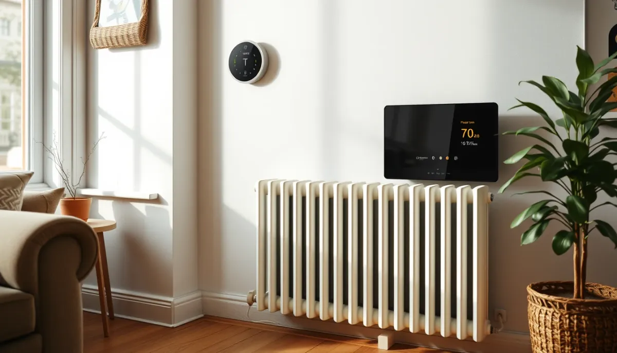 Salon confortable avec radiateur et thermostat, illustrant le confort thermique