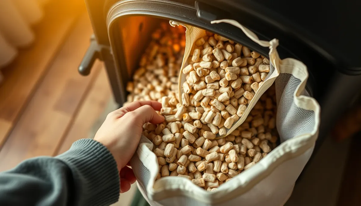 Personne remplissant un poêle à granulés avec des sacs de granulés de bois