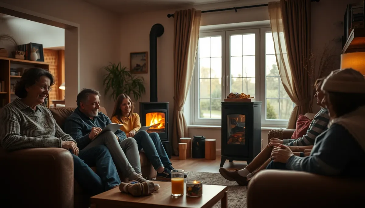 Famille se détendant dans un salon chauffé par un poêle à granulés, illustrant le confort au quotidien