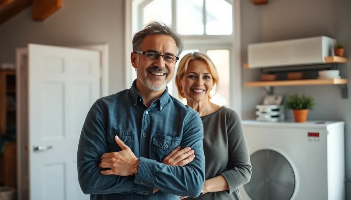 Propriétaires satisfaits dans leur maison rénovée avec pompe à chaleur et plancher chauffant