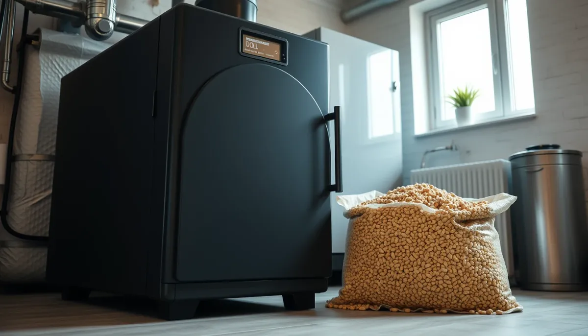 Chaudière à granulés moderne avec sac de pellets dans une chaufferie