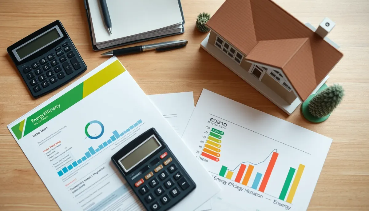 Documents de rénovation énergétique avec calculatrice et modèle de maison sur un bureau