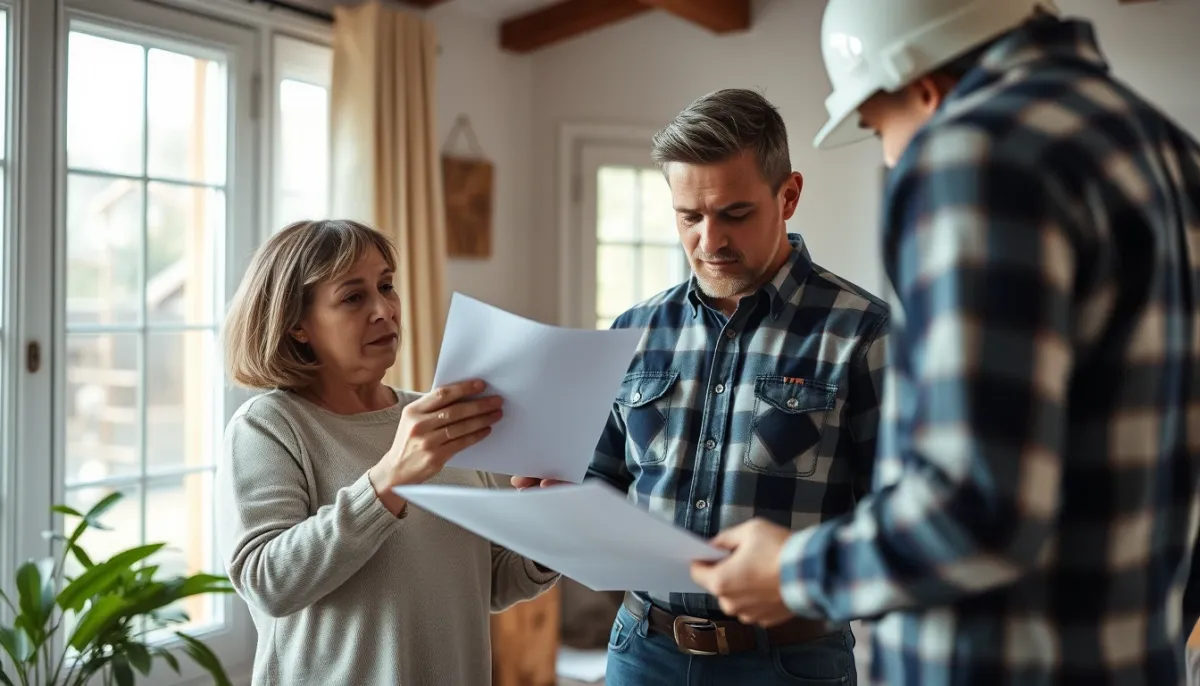 Propriétaire et artisan examinant des documents de travaux de chauffage