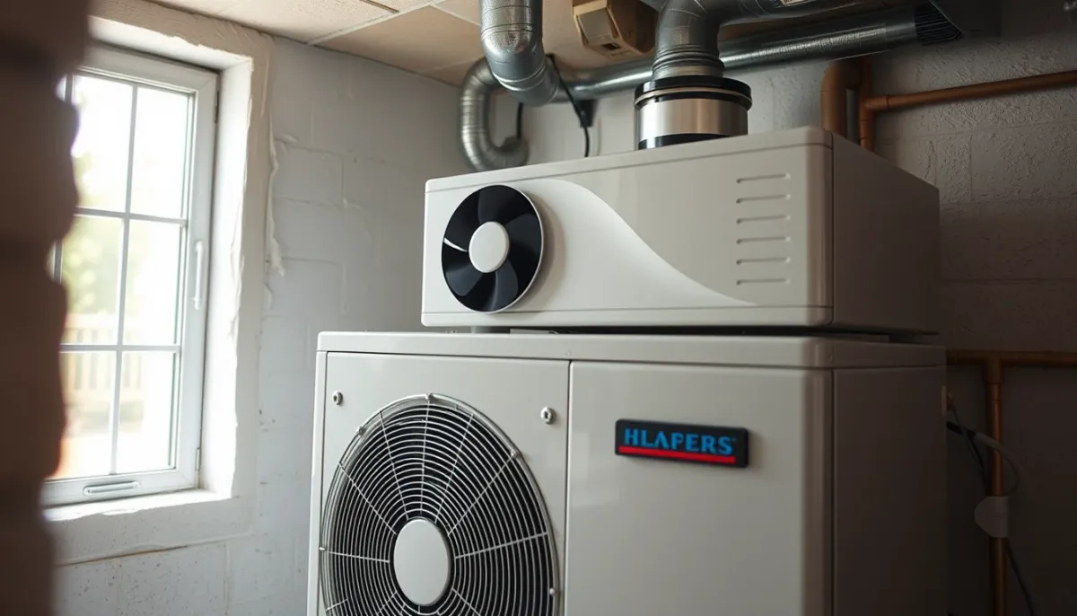Chauffe-eau thermodynamique installé dans une cave, vue rapprochée sur la pompe à chaleur