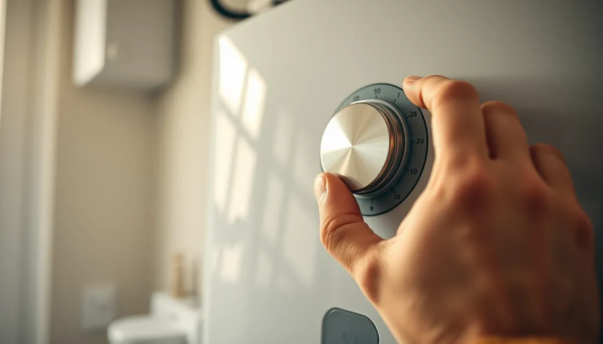Main réglant le thermostat d'un chauffe-eau thermodynamique pour un confort quotidien