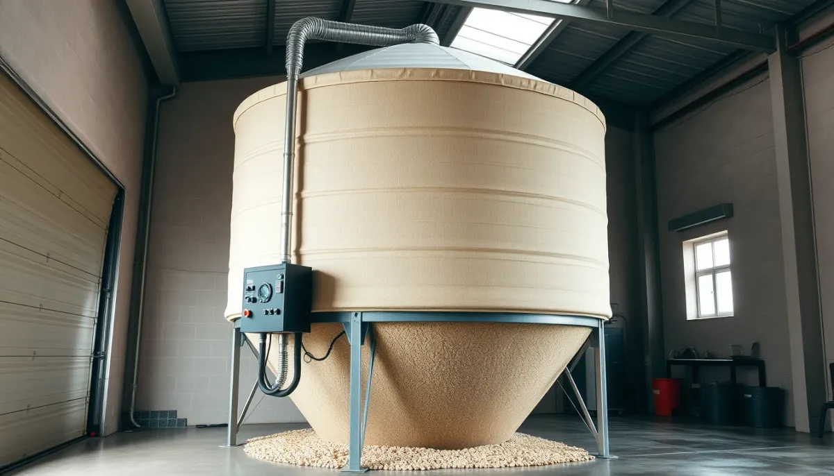 Silo à granulés textile installé dans un garage, avec toile beige et armature métallique