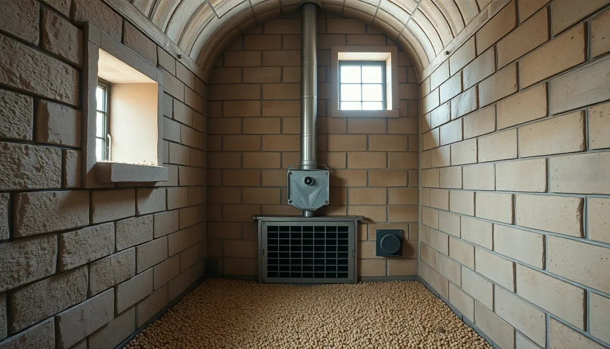 Silo à granulés maçonné en parpaings avec trappe d'accès et vis de transfert