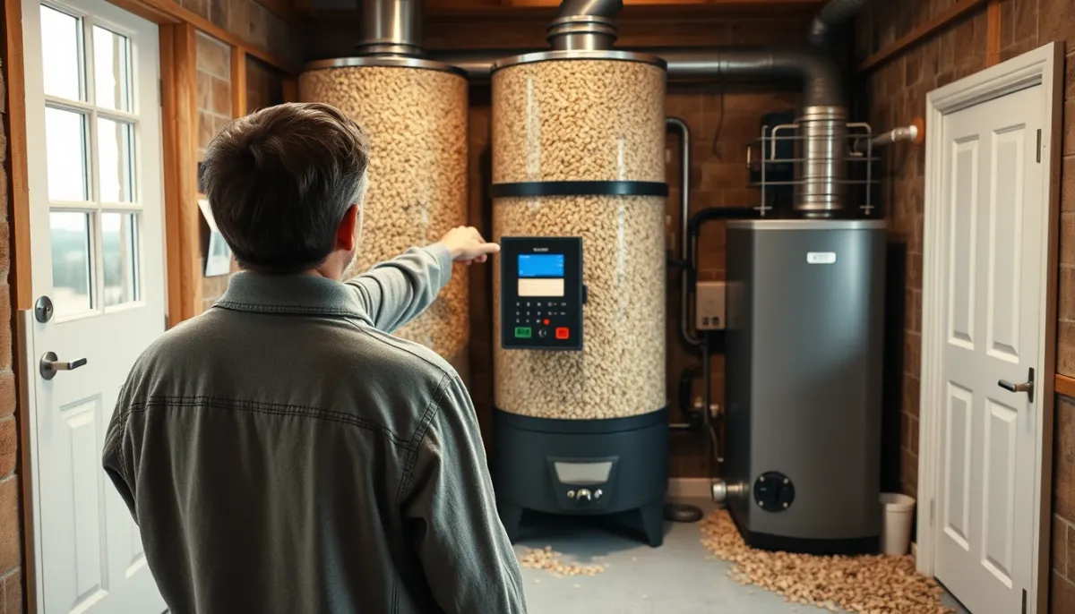 Propriétaire montrant le panneau de contrôle d'un silo à granulés textile dans un local technique