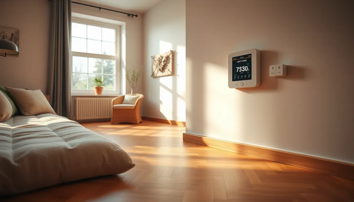 Salon confortable avec chauffage au sol et thermostat mural, illustrant le confort d'une géothermie