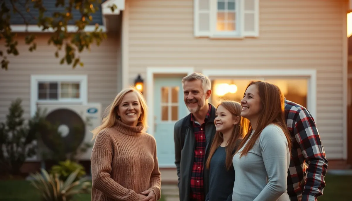Famille devant sa maison équipée d'une pompe à chaleur, illustrant la satisfaction des propriétaires